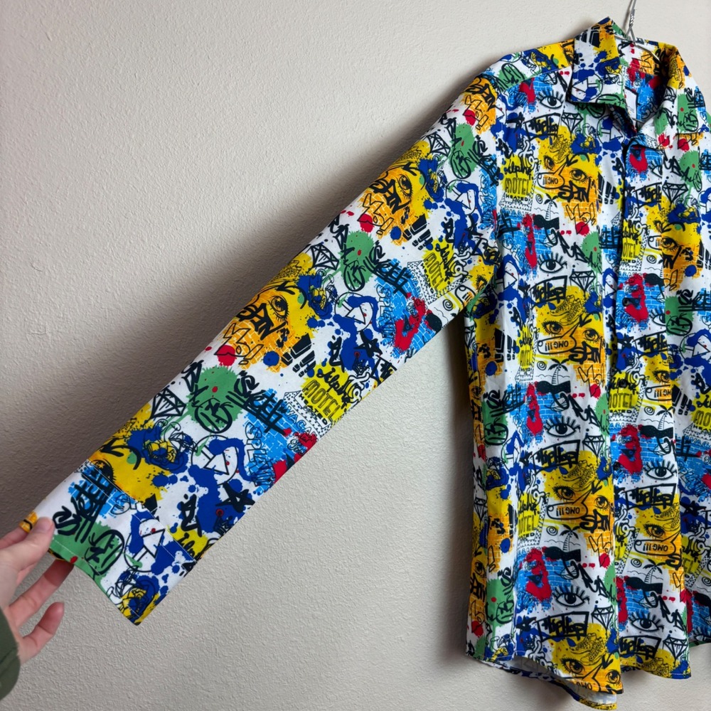 Suslo Couture Mens Slim Fit Graffiti Pop Art Button Down Shirt Multi Color M - Picture 10 of 13